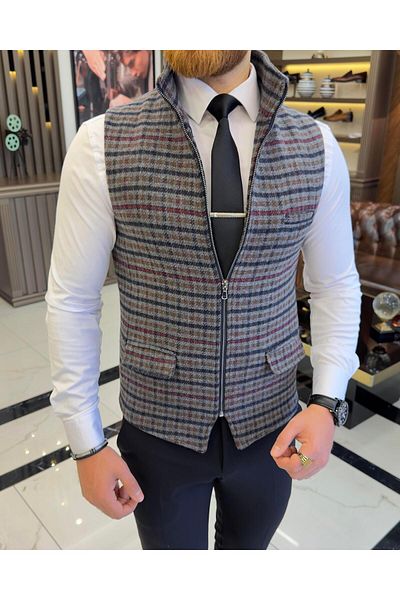 TerziAdemAltun Italian style dominant collar zippered pocket vest gray T10467