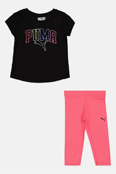 Puma طقم مكون من قطعتين من بلوزة وبنطال ضيق بشعار العلامة التجارية للبنات، أسود/وردي