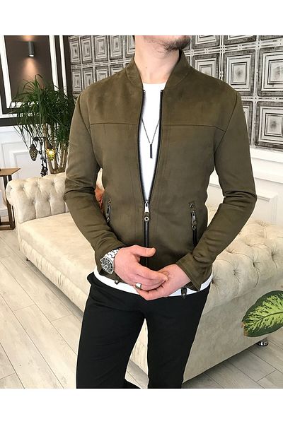 TerziAdemAltun Italian Style Slim Fit Seasonal Men's Suede Coats Slim Jacket Khaki T5160