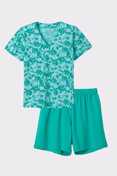 Woody Pijama de damă-Xpd - 979-Albastru cu model de frunze