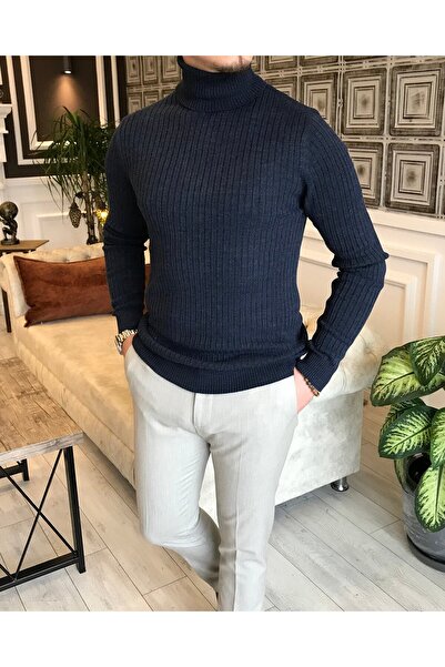 TerziAdemAltun Πλεκτό ιταλικού στυλ Πουλόβερ με ριμπ ζιβάγκο Navy Blue T5023