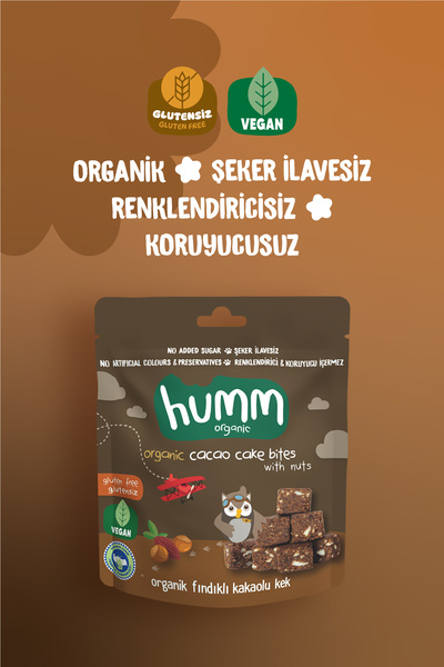 Humm Organic Organik Glutensiz Vegan Kakaolu ve Fındıklı Kek Atıştırmalık Paketi - 3 adet