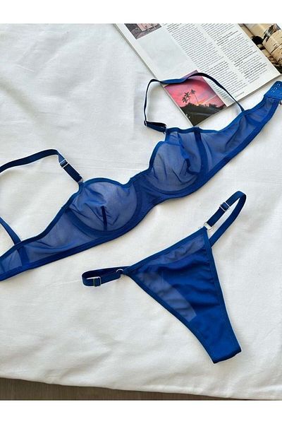 Snowdrop Underwire Transparent Tulle Bra Set - Blue