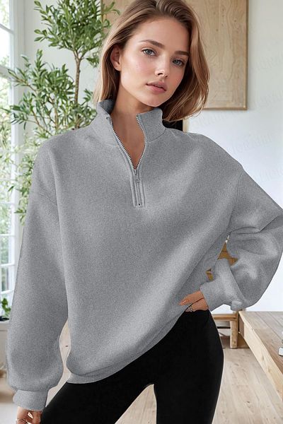 Millionaire Hanorac supradimensionat pentru femei, gri cu gât roscat, cu 3 fire, cu fleece în interior