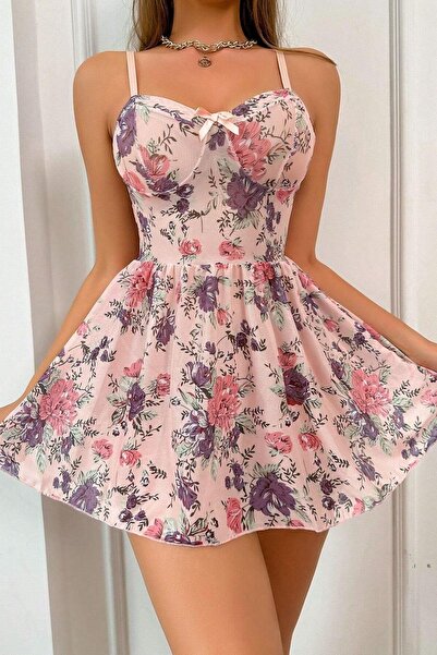 Tarzınbu Pembe Çiçek Desenli Fiyonk Detaylı Askılı Gecelik