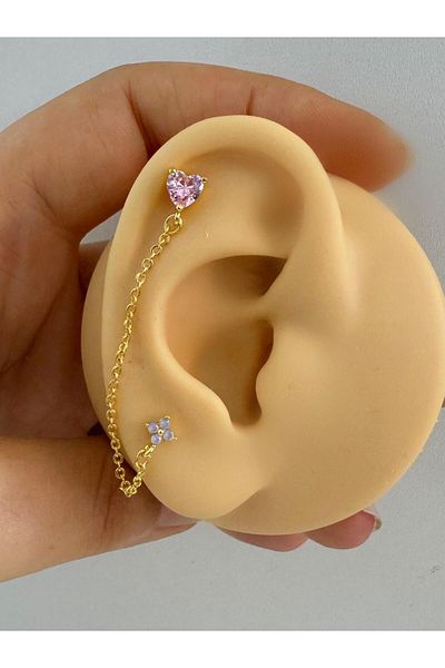 Arescollection Blue Flower Pattern - Chain Laced Helix Cartilage Earrings, Pink Heart Piercing