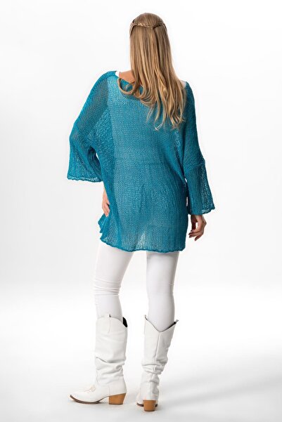 Eliş Şile Bezi Yarasa Kol Elmas Kayık Yaka Sonbahar ve Kışlık  Asimetrik Triko Bluz Mavi mv