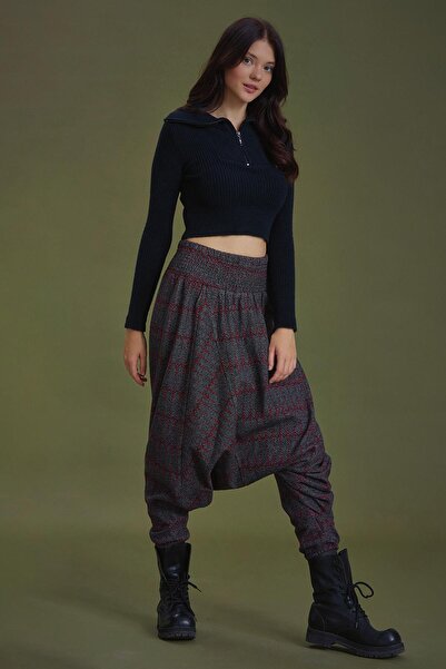 Los banditos Gipe Waist Detailed Winter Burgundy Patterned Women's Shalwar Trousers