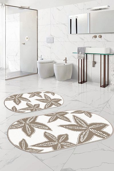 Napoli Home Set scaun de toaletă covoraș de baie oval, lavabil digital, anti-alunecare, KLOZET-71-BEIGE,