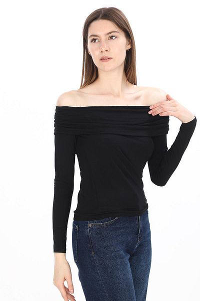 penyebizden Tricou cu mânecă lungă pentru femei cu umăr deschis-negru
