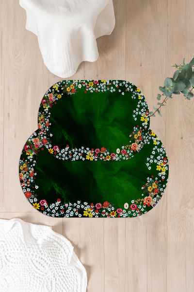 Napoli Home Set de scaune de toaletă cu covoraș de baie oval, lavabil digital, cu model de flori colorate, WC-90-VERDE,