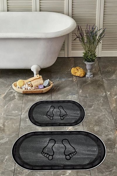 Napoli Home Set de scaune de toaletă cu covoraș de baie oval imprimat cu picioare anti-alunecare lavabil cu imprimare digitală, WC-51-ANTARACIT,