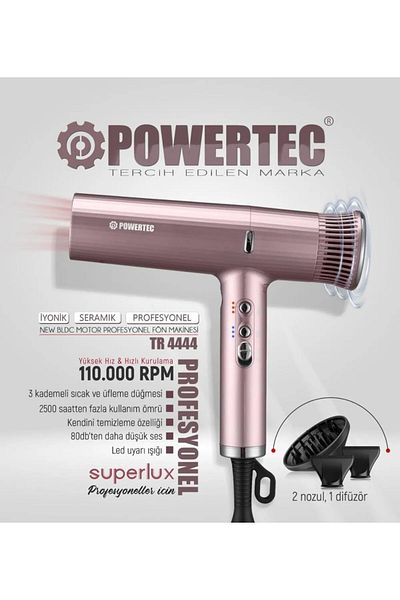 POWERTEC Tr-4444 Superlux Ionic - Supersonic Hair Dryer and Blow Dryer - Rose