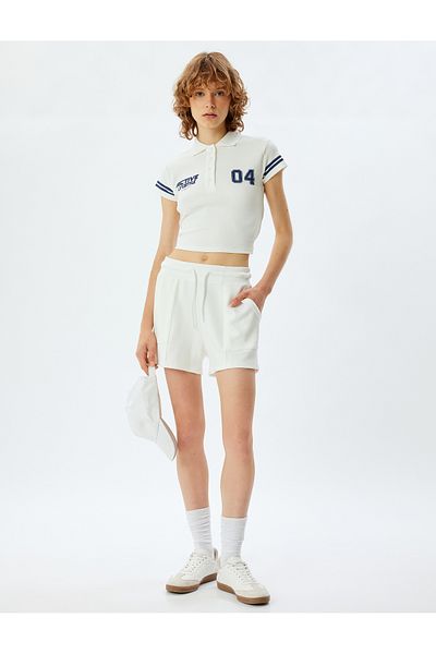 Koton Printed Polo Neck Crop T-Shirt - Short Sleeve and Button