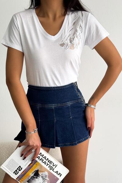 İstangül Butik Tricou cu un singur umăr cu detaliu din tul cu flori