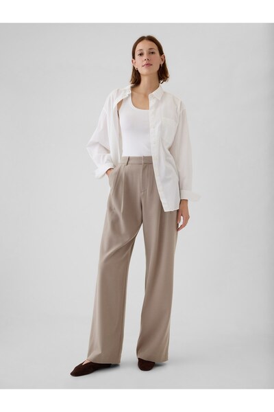 GAP Kadın Kahverengi High Rise Brushed Twill Pileli Pantolon