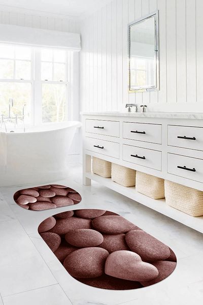 Napoli Home Set de scaun de toaletă cu covoraș de baie oval, lavabil, imprimat digital, model de piatră, anti-alunecare, KLOZET-73-BORDO,