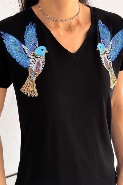 İstangül Butik Тениска с дизайн „Синя двойна птица“