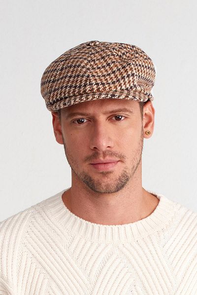 Külah Men's Houndstooth Patterned Wool 8 Piece Cap Hat