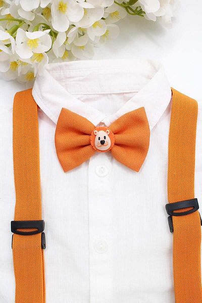 VİTRİNMİXMİNİ 100% Handmade Adjustable Lion Figured Boy's Bow Tie and Trouser Suspender Set - Boxed