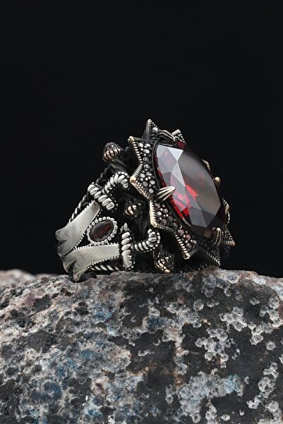 Prestige Hz. Ali Zülfikar Figürlü 925 Ayar Gümüş Erkek Yüzüğü Kırmızı Zirkon ...