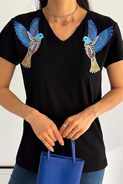 İstangül Butik Тениска с дизайн „Синя двойна птица“