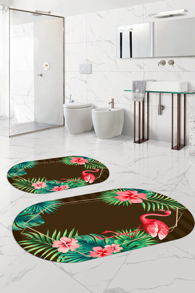 Napoli Home Digital Washable Colorful Flamingo Patterned Oval Bath Mat Toilet Set, Toilet-67-Brown,