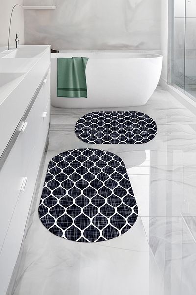 Napoli Home Set de scaune de toaletă cu covoraș de baie oval cu model de cană simplă lavabilă imprimată digital, KLOZET-86-DARK BLUE,
