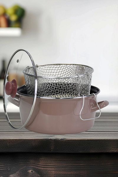 PR HOME Enameled Glass Lid Frying Pan 24 cm Light Brown