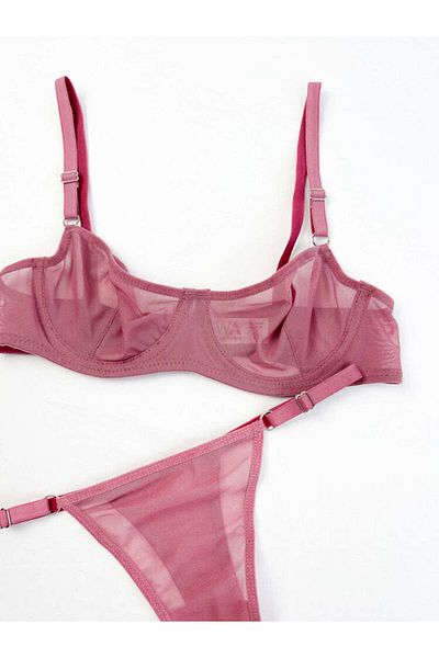 Snowdrop Dried Rose Transparent Tulle Bra Set - Underwire