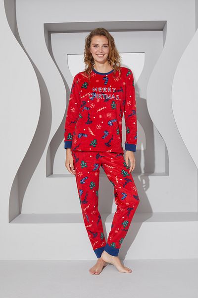 Siyah İnci Red Embroidered Lower-Upper Fleece Pajama Set 24223072