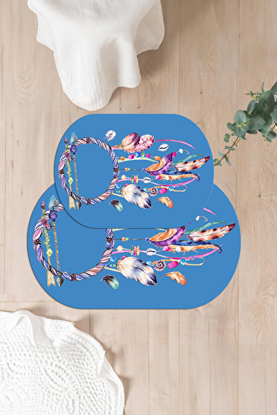 Napoli Home Set de scaune pentru toaletă, lavabilă digitală, anti-alunecare, cu model de pene de pasăre, covoraș de baie oval