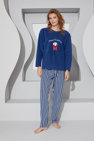 Siyah İnci Navy Blue Embroidered Lower-Upper Fleece Pajama Set 24223083