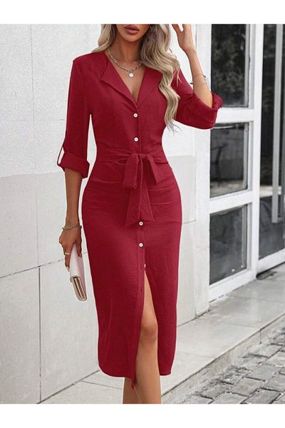 Moka Shopin Mokashopin Women's Long Sleeve Button-Front Waist Belted Aerobin Midi Dress