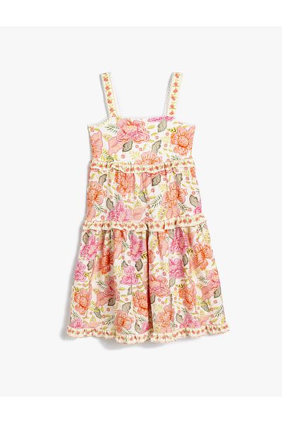 Koton Gestuftes, besticktes und gerüschtes Blumenmusterkleid mit Trägern