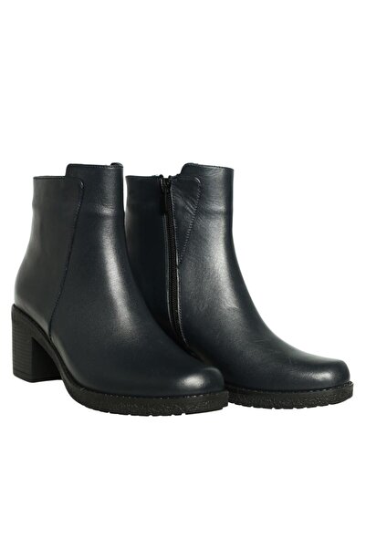 Platin Lacivert Deri Kadın Topuklu Bot