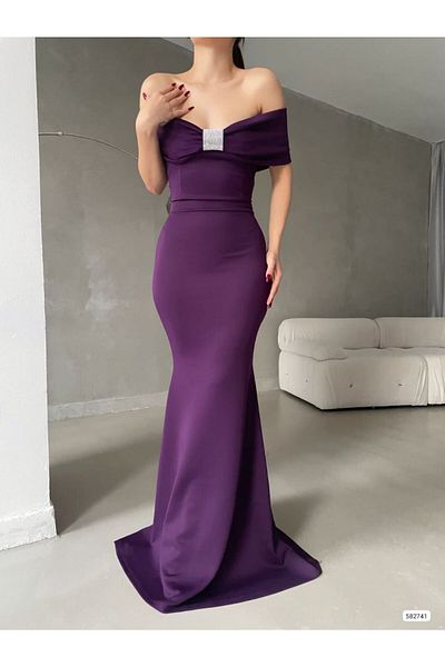 Modamorfo Rochie lungă cu broșă cu umăr deschis - violet