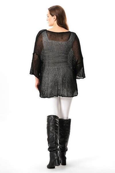 Eliş Şile Bezi Yarasa Kol Elmas Kayık Yaka Sonbahar ve Kışlık  Asimetrik Triko Bluz Siyah Syh