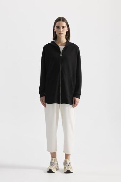 KADRİYE BAŞTÜRK Tricotat modal negru - Cardigan cu glugă