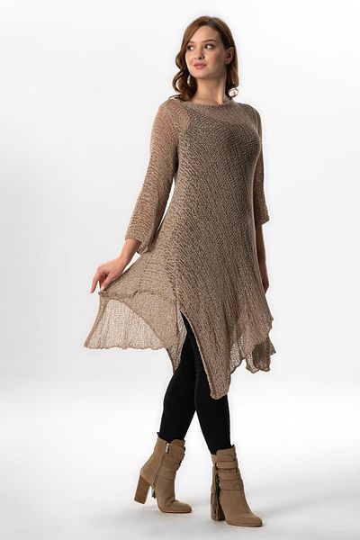 Eliş Şile Bezi Asymmetric Cut Half Sleeve Knitwear Tunic - Autumn and Winter, Mink Vzn