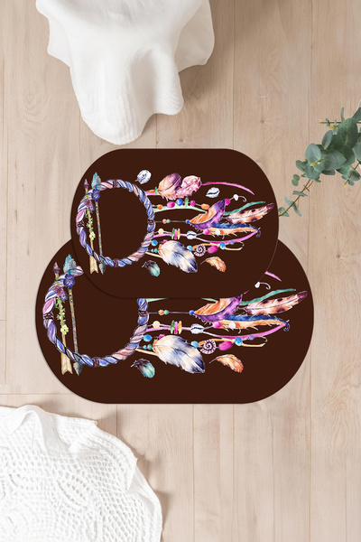 Napoli Home Set de scaun de toaletă pentru baie ovală, lavabil digital, anti-alunecare, cu model de pene de pasăre, WC-92-BROWN,