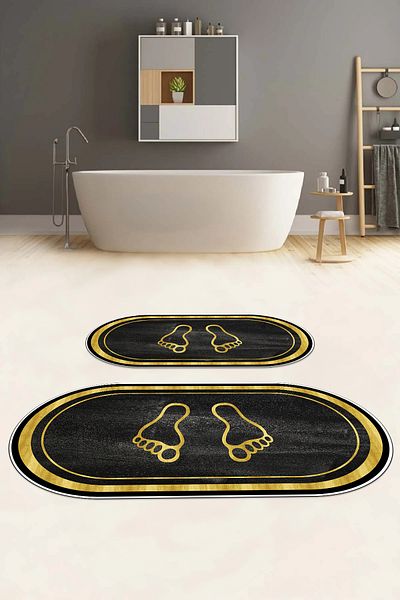 Napoli Home Set de scaune de toaletă cu covoraș de baie oval, lavabil, lavabil, imprimat digital, KLOZET-51-GOLD,