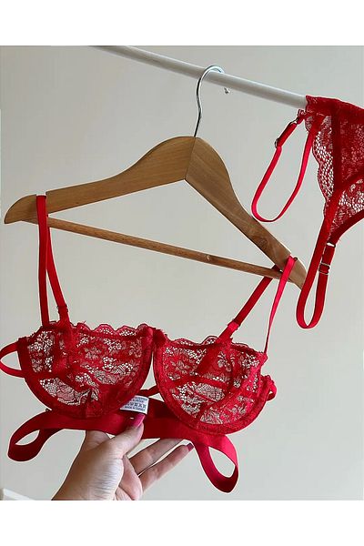 Snowdrop Embroidery Underwire Lingerie Set - Floral Embroidered Stripe Detail (Red)