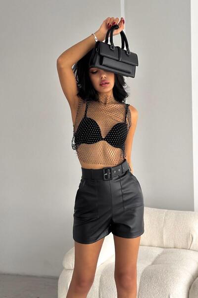 İstangül Butik Pantaloni scurți cu curea din piele