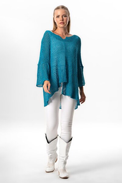 Eliş Şile Bezi Yarasa Kol Elmas Kayık Yaka Sonbahar ve Kışlık  Asimetrik Triko Bluz Mavi mv