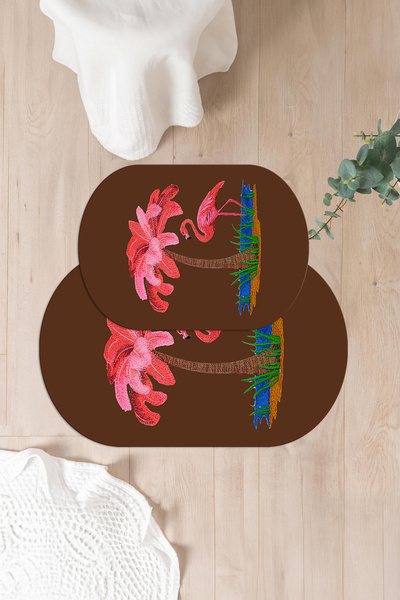 Napoli Home Digital Washable Plain Flamingo Patterned Oval Bath Mat Toilet Set, Toilet-91-Brown,