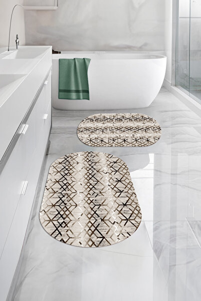 Napoli Home Ψηφιακό σετ τουαλέτας με αντιολισθητική βάση με μοτίβο γραμμής, οβάλ χαλάκι μπάνιου