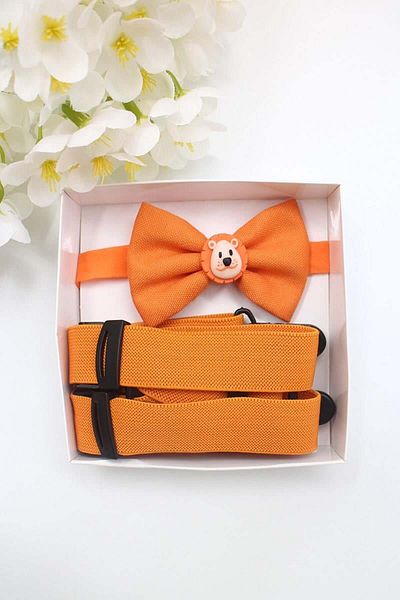 VİTRİNMİXMİNİ 100% Handmade Adjustable Lion Figured Boy's Bow Tie and Trouser Suspender Set - Boxed