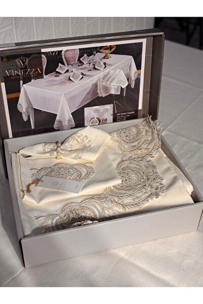 Vinezza Home Collection طقم أدوات مائدة من الدانتيل الفرنسي مكون من 34 قطعة م...