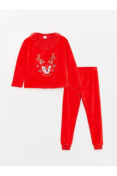 LC Waikiki Lcw Crew Neck Vánoční tématické Sametové dívčí pyžamo s dlouhým rukávem